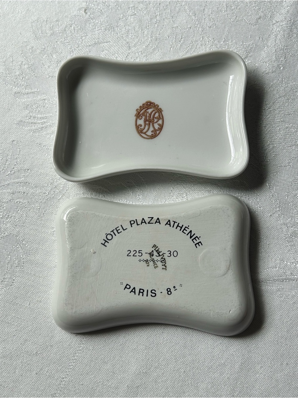 Hôtel Plaza Athénée Vintage Porcelain Trinket/Soap Dish- White w/ Gold Monogram